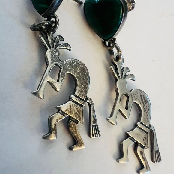 Vtg 925 Silver Kokopelli Malachite Heart Earrings Drop Dangle 1.75" Southwest - Picture 5 of 5
